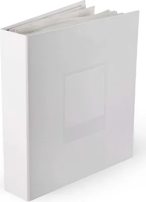 A white photo album is shown standing upright against a white background.