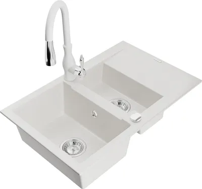 Produktbild von Mexen Gaspar 1,5-Becken-Granitspüle mit Abtropffläche und Mischbatterie Savita, Weiß - 6507-20-672601-20