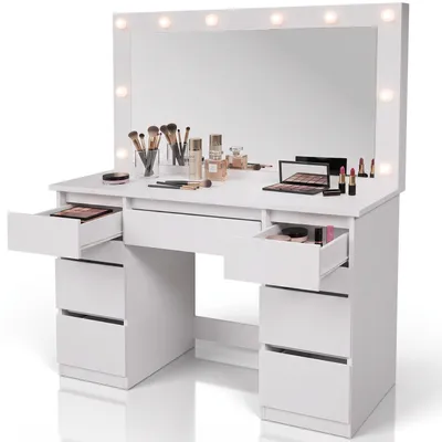 Produktbild von Juskys Schminktisch Lilia mit LED, 7 Schubladen & großem Spiegel – Weiß