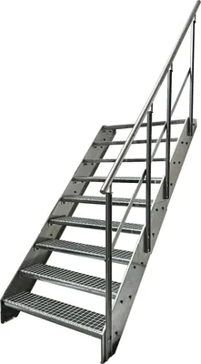 A metal staircase with a handrail against a white background.