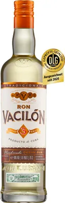 A bottle of Ron Vacilon Añejo 3 Años rum against a white background.