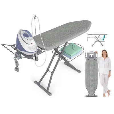 Obrázek produktu pro SONGMICS Žehlicí prkno s zásuvkou, vhodné pro parní žehličky, s nastavitelnou výškou, skládací, rozměry 152 x 48 x 72-92 cm, barva: šedá a stříbrná