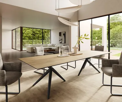 Produktbild von DELIFE Esstisch Edge 300x100 Keramik Laminam® Sabbia Eichefarbig Estelar rund Metall Schwarz