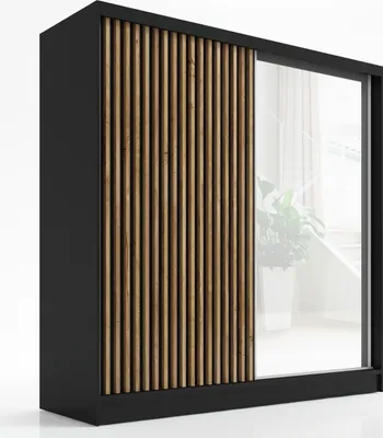 Produktbild von Schwebetürenschrank, 2-türig Schrank mit Spiegel und 3D-Lamellen Premum LINA 200 cm (Schwarz)