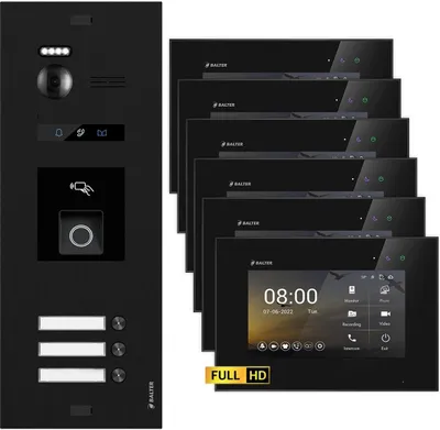 Produktbild von BALTER EVO HD Schwarz RFID/Fingerprint 6x7" Schwarz Video Türsprechanlage Set 3 Familienhaus