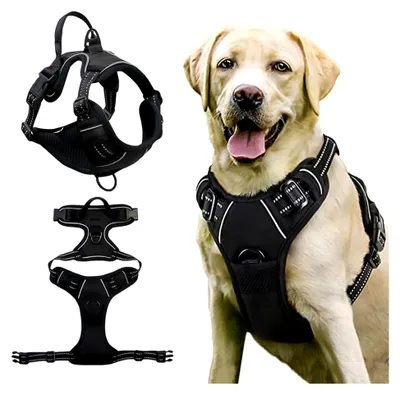 Produktbild von Hundegeschirr ohne Zug, atmungsaktives Brustgeschirr mit Reflexstreifen, verstellbar, weich, schwarz, Größe L