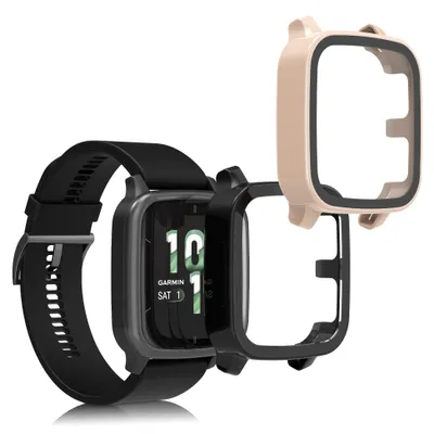 Produktbild von kwmobile 2x Glas Hülle für Garmin Venu Sq 2 Music / Sq 2 Schutzhülle - Fullbody Fitnesstracker Case Set aus Glas - Schwarz Altrosa
