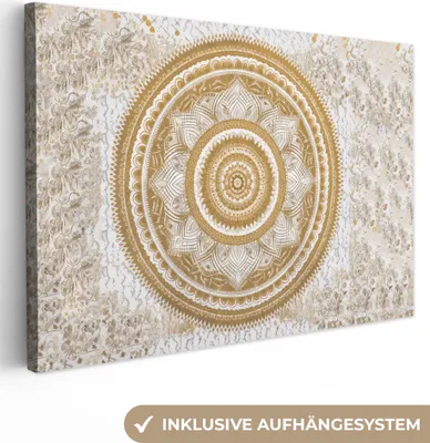 Produktbild von MuchoWow® - Leinwandbilder - Mandala - Blumen - Gold - Weiß - Design, Wandbild, Wanddeko Bilder Wohnzimmer, 120x80cm