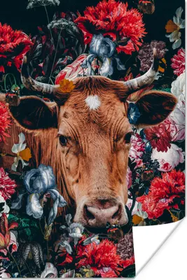 Produktbild von MuchoWow® Poster Kühe - Blumen - Tier - Porträt 40x60 cm - Plakate für die Wand - Poster Babyzimmer