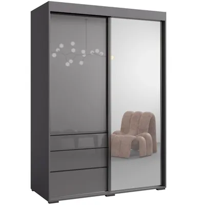 Schiebetürenschrank mit Schubladen und Spiegel Grau 140 cm Breite