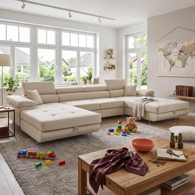Produktbild von MUFFO Ecksofa U-Form ALONZO U mit Schlaffunktion 130x280 Velours Beige, KI-generiertes Bild