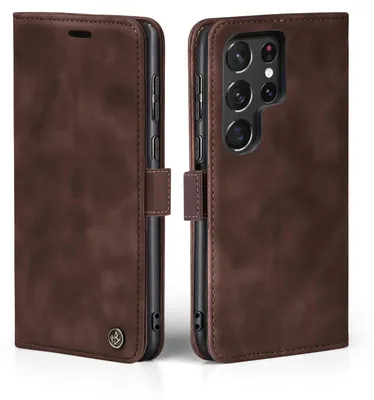 A brown leather flip case for a Samsung Galaxy S22 Ultra phone is shown from two angles.