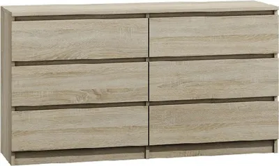 A dresser with six drawers is shown against a white background.