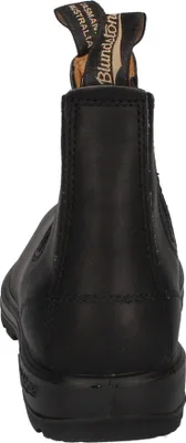 The back view of a black leather boot.