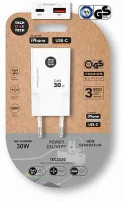 Produktbild von Schnellladegerät Gan 30 W, weiß, Anschlüsse: USB-C + USB-A