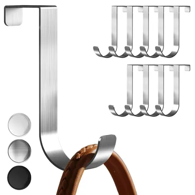 Produktbild von Aurelia Home Türhaken zum Aufhängen, 10er Set, Silber - Edelstahl Garderobenhaken für Türen, einzeln nutzbare J-förmige Haken, robuste Türgarderobe mit hoher Belastbarkeit, Türhakenleiste