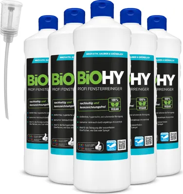 Zdjęcie produktu dla BiOHY profesjonalny płyn do mycia szyb (butelka 6x1l) + dozownik | koncentrat płynu do mycia szyb, idealny do wszystkich CZYŚCIKÓW DO OKIEN | czyszczenie bez smug powierzchni szklanych, okiennych i luster