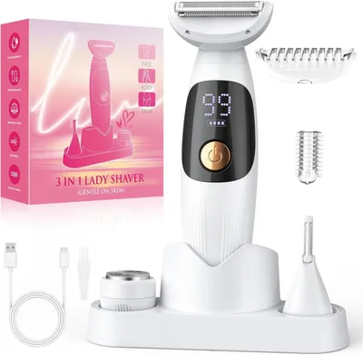 Produktbild von Damen Elektrorasierer 3-in-1, Intim- & Gesichtshaarentferner, Wet & Dry, IPX7 wasserdicht, für Bikini, Achseln & Beine, inkl. USB-Ladung