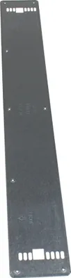 A long, thin, dark gray metal plate with several rectangular cutouts and small circular holes.