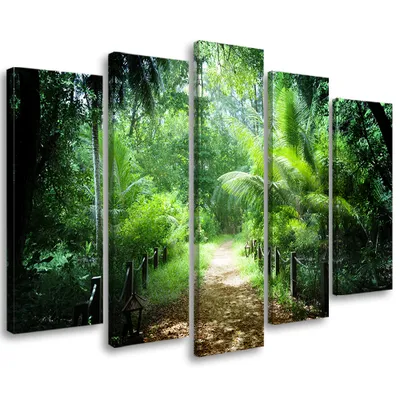 Produktbild von 5-teiliges leinwandbild grüner weg wald 150x100 cm Feeby grün wandbild bereit zum aufhängen