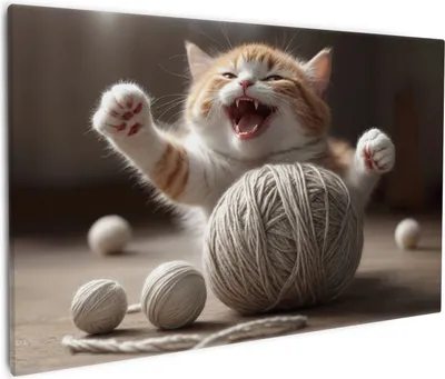 Produktbild von Wallario Premium Leinwandbild Katze mit Wollknäuel in Größe 60 x 90 cm