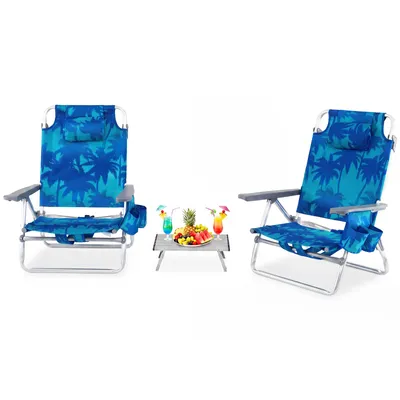 Immagine prodotto di COSTWAY Set da 2 sedie da spiaggia con tavolino, sedie da campeggio pieghevoli e leggere con schienale regolabile, poggiatesta, 2 portabevande e tasca, sedie pieghevoli