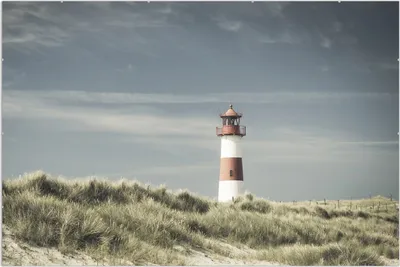 Produktbild von Wallario Wandbild Leuchtturm auf der Düne am Strand, Größe: 61 x 91,5 cm, Poster mit rahmenlosen Bildhalter