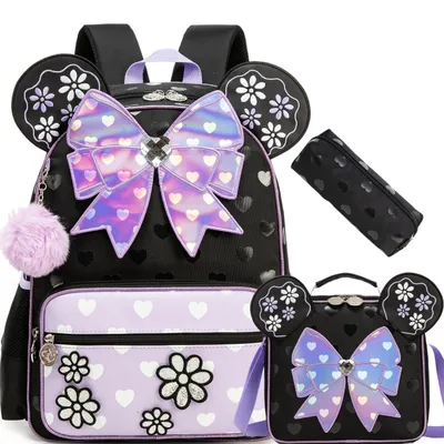 Immagine prodotto di Set di zaini per la scuola, modello per bambine, con fiocco, ergonomico, composto da 3 pezzi, colore lilla, dimensioni 42x30x20 cm