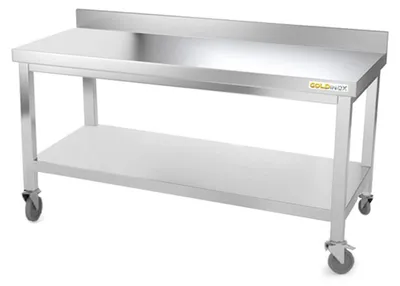 Obrázok produktu pre Pracovná doska z nehrdzavejúcej ocele s podstavcom, rozmery 1500 x 700 mm, s kolieskami – PREMIUM – GOLDINOX
