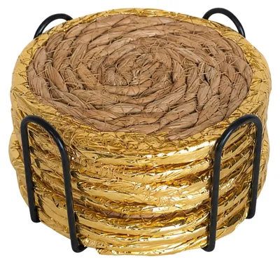 Produktbild von Glasuntersetzer Boho 8er Set mit Halter, Runder Untersetzer für Gläser & Tassen aus Seegras, dekorativer Schutz für den Esstisch, 10cm Gold