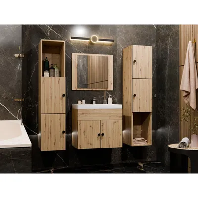 Produktbild von HR HOME | Badezimmermöbel-Set Carlos-1 | Badezimmermöbel - Waschbecken - Spiegel -Badezimmerregal - Eichefarbe ARTISAN