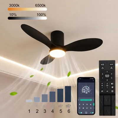 Produktbild von Moderner Deckenventilator mit LED Beleuchtung Schwarz, 52 Zoll, leisem DC Motor, APP & Fernbedienung, 6 Geschwindigkeiten, Sommer Winter Funktion.