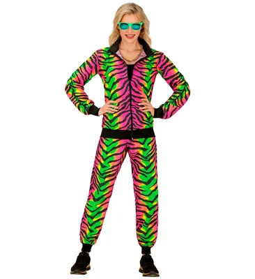 Produktbild von 80er Jahre bunter Tigerprint Trainingsanzug - Jogginganzug Gr. S bis 2XL -  Neon Rave Party Paarkostüm M - 175 -182 cm