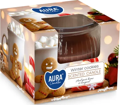 A Christmas-themed candle packaging featuring gingerbread men, marshmallows, and candy canes.