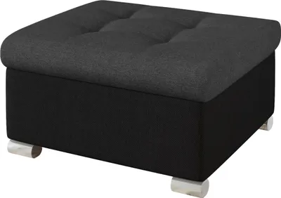 A square ottoman with a tufted dark gray top and a black base, resting on four silver cylindrical feet.