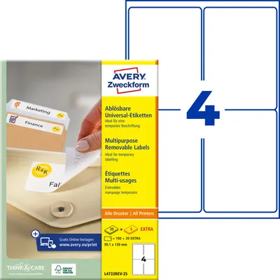 Produktbild von Avery Zweckform L4733REV-25, Universal-Etiketten, ablösbar, A4, 99,1 x 139 mm, 120 Etiketten / 30 Bögen, weiß