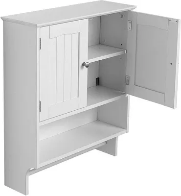 Produktbild von Badezimmer Schrank mit 2 Türen und einstellbarer Ablagefläche, Muurkast mit offener Sektion und Handtuchhalter für Badezimmer, Wäscheraum oder Küche, Weiss
