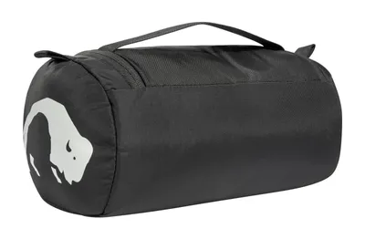 A black cylindrical toiletry bag with a white logo on a white background.