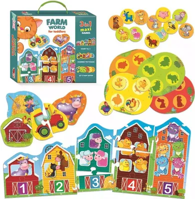 Zdjęcie produktu dla Roter Kafer Farma 3W1: Edukacyjna Gra Dla Maluchów - Puzzle, Lotto, Nauka Cyfr