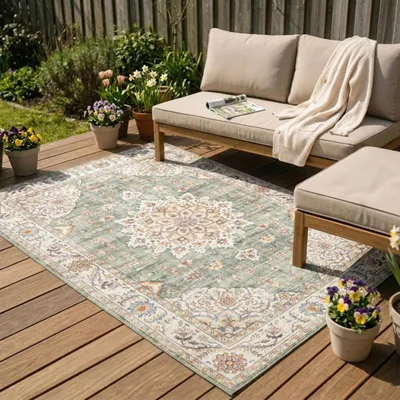 Produktbild von Volero - Vintage Gartenteppich - Santo Medaillon Olivgrün - 230x330 cm - Balkon, Garten / Terrasse - Boho, Klassik, Orientalisch