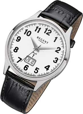 A close-up studio shot of a men's wristwatch with a black leather strap and a white dial.