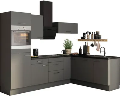 Obrázek produktu pro Rohová kuchyňská linka Optifit Mats825 270 cm barva čela čedičová šedá matná barva korpusu šedá v nesmontovaném stavu