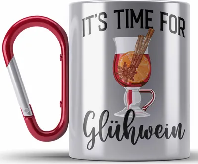 Produktbild von Trendation - Glühwein Edelstahl Tasse Karabiner Lustig Spruch Glühweinbecher mit Henkel Doppelwandig GlühweinEdelstahl Tasse Karabinern Gläser Weihnachtsmarkt Becher Edelstahl Tasse Karabinern Geschenk - It Time For Glühwien (Rot)