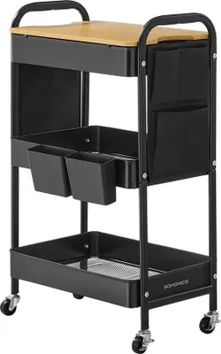 Obrázok produktu pre Vozík na valčeky Rootz Steel – čierny úložný vozík – kovový organizér – vysoká nosnosť – 30,6 cm x 44,3 cm x 74,2 cm