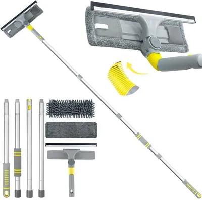 Productafbeelding van Unyqoos® 3-in-1 raamreinigingsset – Telescopische aluminiumsteel tot 163 cm, siliconenwisser, microvezeldoek en microvezelpad, draaibare kop, geschikt voor binnen- en buitengebruik