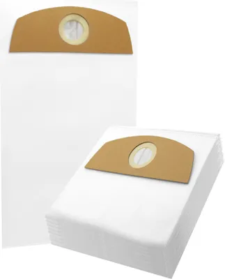 A stack of white vacuum cleaner bags with brown cardboard tops, and one bag standing upright behind them.