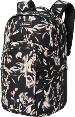 A black backpack with a floral pattern, shown from the front.