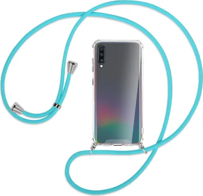 Produktbild von Handykette Backcover-Schutzhülle mit Band (Metall silberfarben) für Samsung Galaxy A70 - türkis