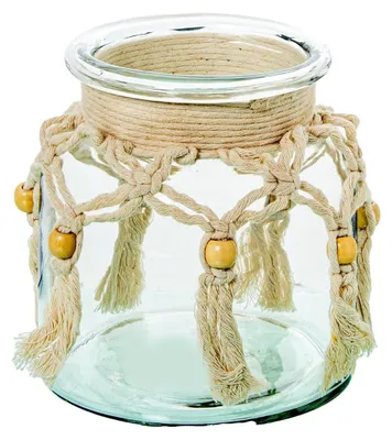 Glasvase mit Kordel, transparent/natur, 14x14x15 cm