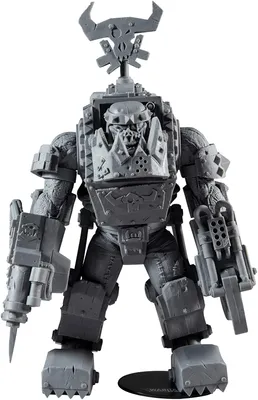 A grey unpainted model of a Warhammer 40k Ork Meganob Shota figure.